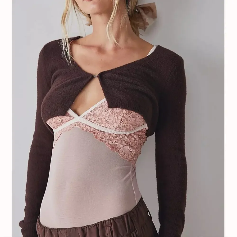 NWT We Are Hah x Free People Bust Out Lace Mesh Bodysuit Sheer Pink Floral XS